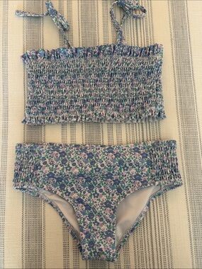 Girls Floral Smocked Bikini Set in Blue and Pink